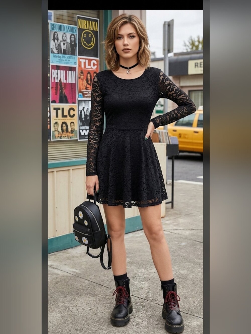 Garage Burnout Lace Skater Long Sleeve Mini Dress M Black Whimsigoth 90s #drs17